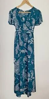 dress Patrons Of Peace Womens Teal Paisley Maxi Dress Size S Faux Wrap V Neck Flutter eBay $15