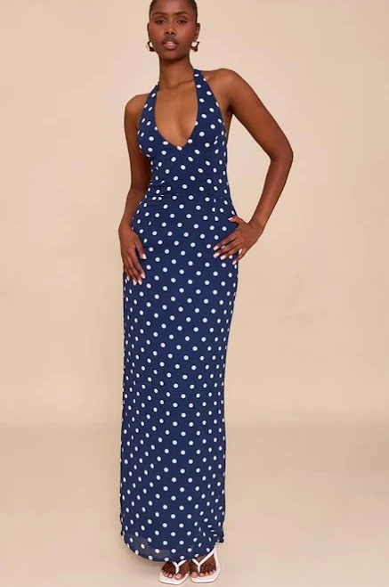 dress PrettyLittleThing Women's Chiffon Polka Dot Printed Plunge Neck Maxi Dress in Navy/White | Size: 0 Nasty Gal - US $31.2
