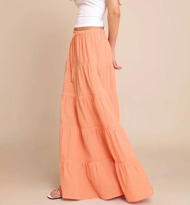 skirt PrettyLittleThing Women's Cotton Tiered Drawstring Waist Maxi Skirt in Peach | Size: 8 Nasty Gal - US $37