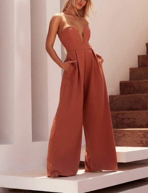 jumpsuit PrettyLittleThing Women's PLT Label Plunge Wide Leg Jumpsuit in Rust | Size: 0 Nasty Gal - US $46