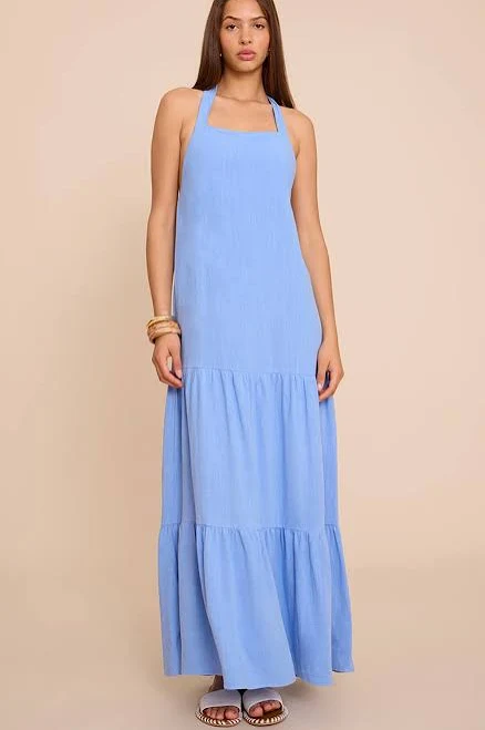 dress PrettyLittleThing Women's Textured Halterneck Drop Waist Maxi Dress in Sky Blue | Size: 0 Nasty Gal - US $33.6