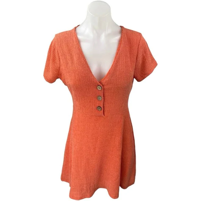 dress Pull & Bear Coral Short Sleeve Textured Deep V Neck Henley Skater Mini Dress S Brie $22.94