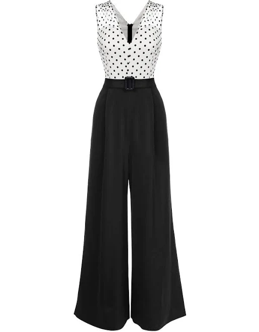 jumpsuit Retro Stage Polka Dot V-Neck Belted Wide Leg Jumpsuit Retro Stage $36.99
