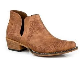 shoes Roper Ladies' Tan Embroidered Faux Leather Ankle Boots Elis Western Wear $74.95