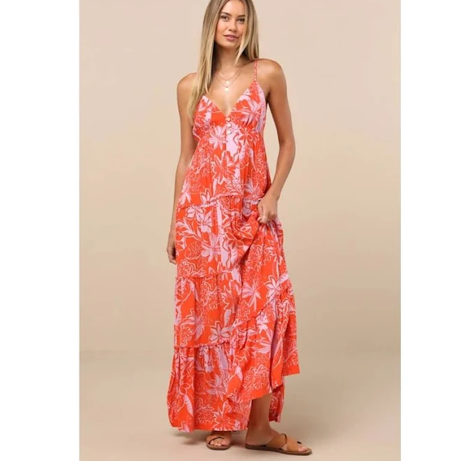 dress Roxy Dresses | Nwt Roxy Warm Rays Coral Tropical Print Tiered Tie-Back Maxi Dress M | Color: Orange | Size: M | Glamourgetup's Closet Poshmark $50