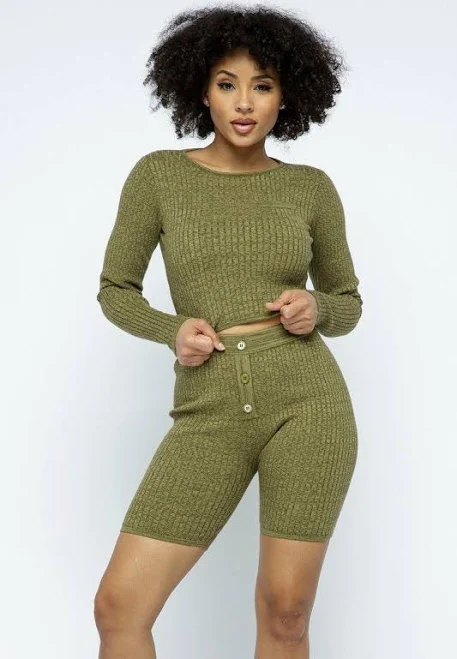 matching set SmartBuyApparel Long Sleeve Cropped Top Knit Biker Shorts Set eBay - overstockfashiondeals $14.46