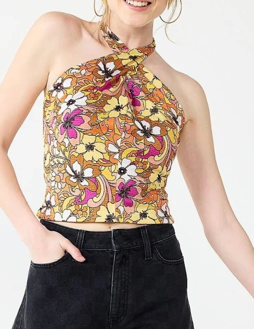 top So Jrs. L Retro 70's Look Floral Brown Yellow Orange Crisscross Halter eBay - xtremept $11.99