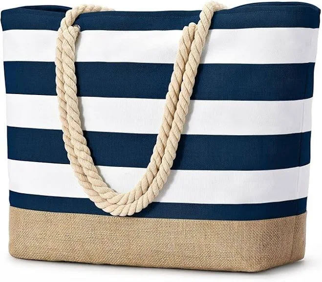 bag Striped Beach Tote Bag Large Navy White Rope Handles Canvas Jute eBay - speedselling_2017 $13.9