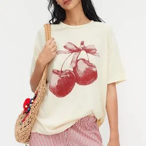 top Stylish Oversized Cotton-Blend Tee with Bowknot Cider $22.9