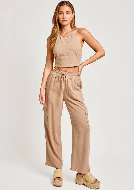 matching set Taupe Halter Neck Linen Crop Top With High Waisted Pants PinkBlush Maternity $60