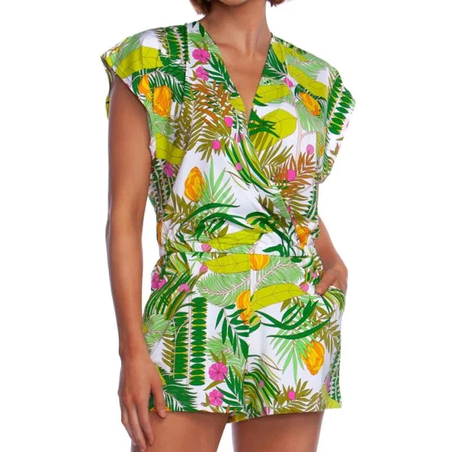 romper Trina Turk Other | Trina Turk White Tropical Print Short Romper With Green, Yellow & Pink | Color: Green/White | Size: Large | Ashleepape's Closet Poshmark $70