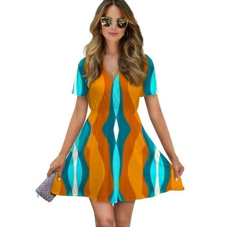dress TYFDALT25 Abstract Orange Teal Wavy Pattern Women Dress V-Neck Short Sleeve Flowy Swing Party Midi Dress, Women's, Size: Medium Walmart - chongyi home decor $31.8