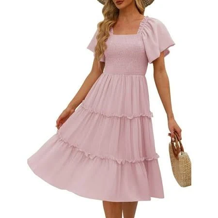 dress Uocefik Women's Summer Casual Flutter Sleeve Square Neck Smocked Midi Dress Walmart - UoCefik $20.99