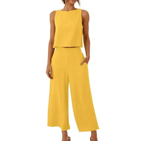 matching set Uppada Womens Linen 2 Piece Outfits Sleeveless Crop Tank Top Capri Wide Leg Pants Sets Casual Matching Lounge Set Linen Sets Walmart - UPPADA Fashion $22.19