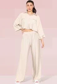 matching set Versatile Long Sleeve Button Crop Shirt & Loose Trousers Co-ord KatchMe $39.99