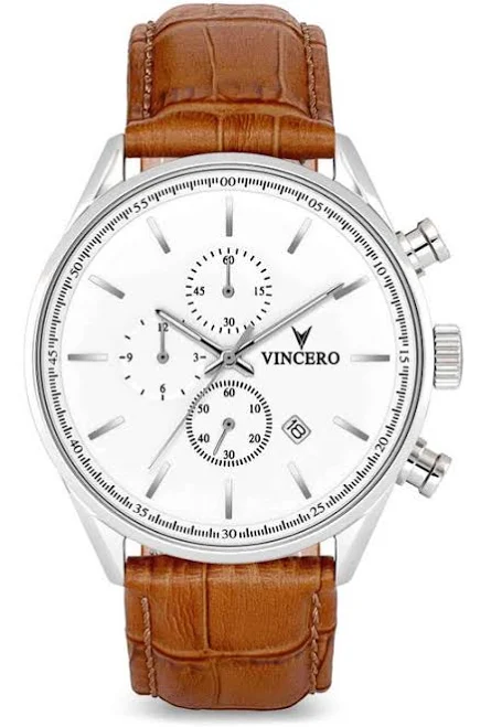 accessory Vincero The Chrono S Chronograph Leather Strap Watch, 43mm in Silver Tan at Nordstrom Nordstrom $199