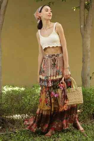 skirt Viscose Floral Print Meadow Tiered Maxi Skirt Aza Fashions $230