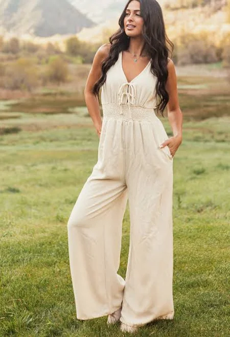 jumpsuit Wide Leg Linen Jumpsuit with Tie Front Lime Lush $48.95
