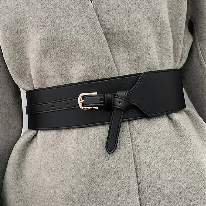 accessory Wide PU Leather Belt with Gold-Tone Buckle Commense $16
