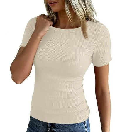 top Women Short Sleeve Crewneck Ribbed Knit Slim Fitted Shirts Summer Tops Basic Tee Casual 2026 Fall Outfits Clothes Beige M, Women's, Size: Medium Walmart - AprlGmnt $7.84