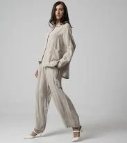 matching set Women's Beige Travel Set - Button-Down Shirt with Wide Leg Pants ailaksa.com $147.15
