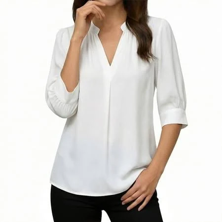 top Women's Elbow-Length V-Neck Pullover Shirt Walmart - Odbmxy $12.99