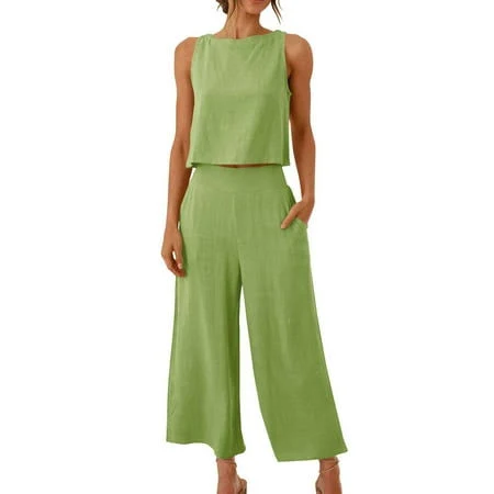 matching set Women's Elegant Cotton Linen Sleeveless Cropped Tank Top and High Waist Pants Set Walmart - UAMVSH Stores $14.98