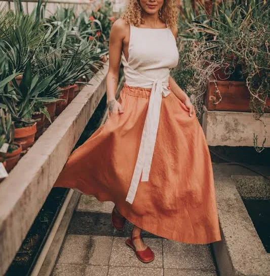 skirt Women's Linen Elastic Waist Midi Skirt with Pockets VisibleArt $101