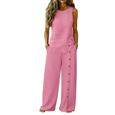 matching set Women's Linen Sleeveless Crop Top and Wide Leg Pants Set with Pockets Walmart - qipepei $19.68