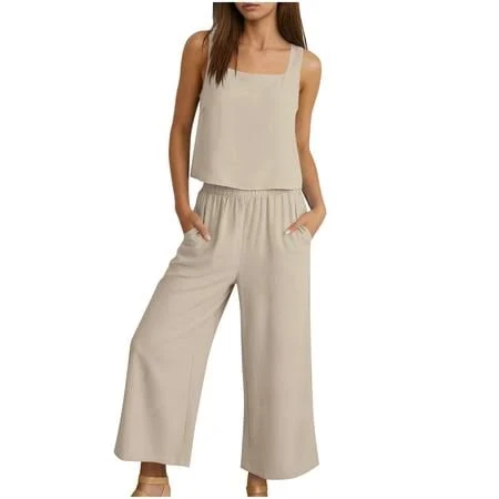 matching set Women's Linen Sleeveless Tank Top and Cropped Wide Leg Pant Set Walmart - UPPADA Fashion $20.49