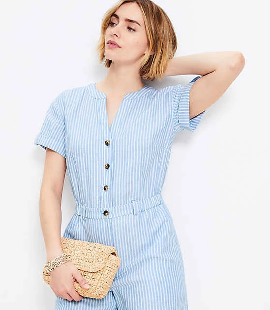 romper Women's Loft Striped Linen Cotton Split Neck Romper LOFT $25.95