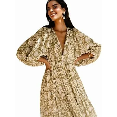 dress Womens Loose Fit Casual Summer V Neck Lace-Up Half Sleeve Bohemian Geometric Pattern Midi Dresses Olive Green M, Women's, Size: Medium Walmart - Tidecus $31.79
