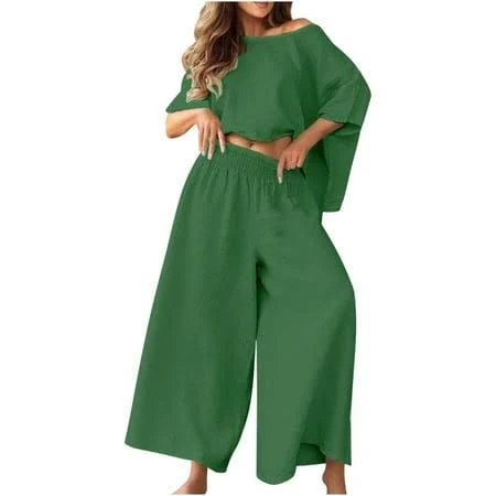 matching set Women's Loose Fit Cotton Linen Bat Sleeve Crop Top and Wide Leg Palazzo Pants Walmart - PrvdeBri $20.29