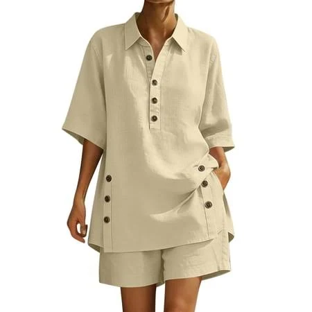 matching set Women's Oversized Linen Short Sleeve Button Lapel V Neck Top and Shorts Set Walmart - Fashion Outfits For You $14.99