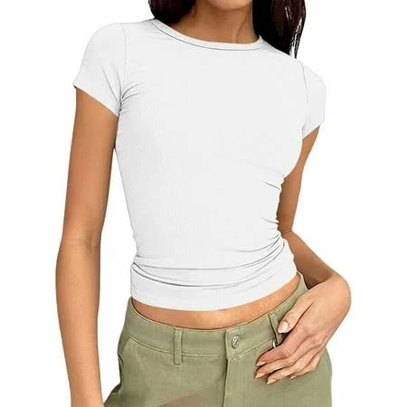 top Women's Ribbed Knit Cropped Crewneck Short Sleeve Top Walmart - FashionWardrobe $9.02