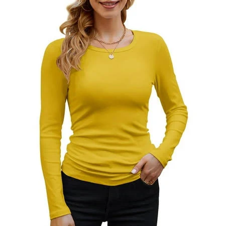top Womens Ribbed Long Sleeve Crewneck Casual Slim Basic Shirts Fitted Knit Tops Mustard Yellow XL, Women's Walmart - CCsndice $16.57