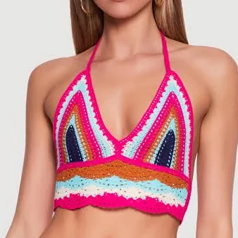 top Women's Scalloped Hem Halter Crop Top Rainbow Shops $14.97