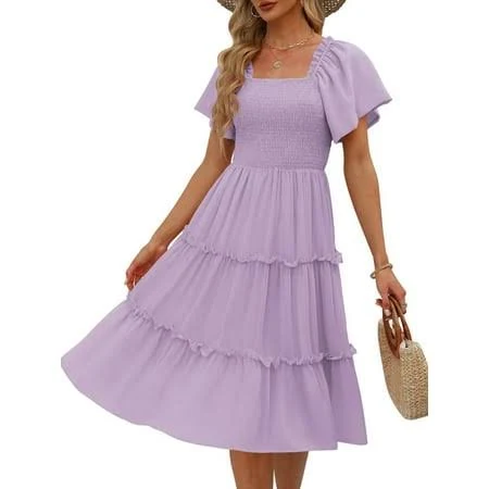 dress Women's Summer Casual Flutter Sleeve Square Neck Smocked Midi Dress Light Purple M, Size: Medium Walmart - queenaa $25.67