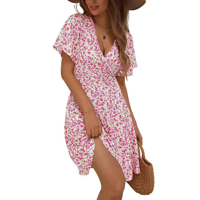 dress Womens Sundress Summer Floral Short Sleeve Wrap V Neck A-line Midi Dress, Women's, Size: Large, Pink Kohl's $42.99