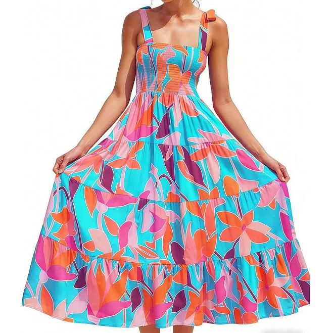 dress Women's Tropical Print Maxi Dress Square Neck Tie Strap Tiered Flowy Summer Beach Dress, Size: 2XL, Orange Kohl's $51.99