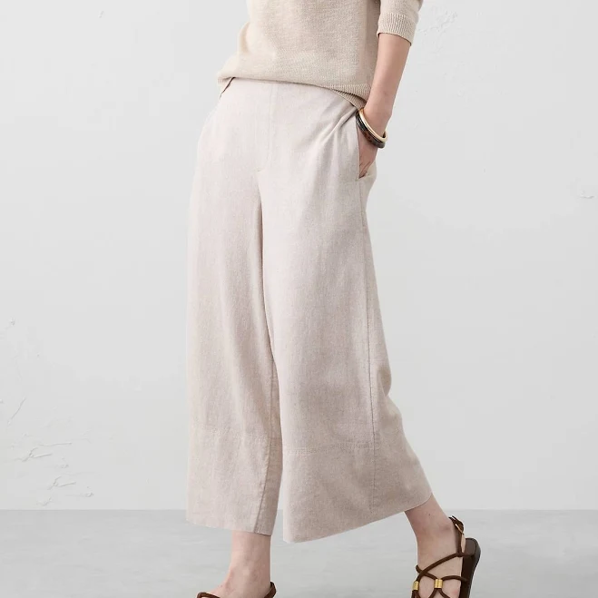 culottes Women's Wide-Leg High-Rise Linen-Blend Cropped Pull-On Pant Banana Republic Factory $48