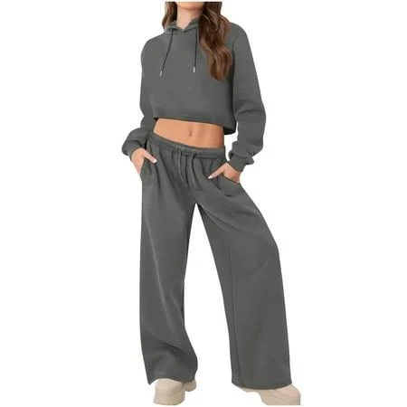 matching set Women's Y2k Cropped Hoodie and Wide Leg Sweatpants Set Walmart - Tqcoqu clothing $21.79