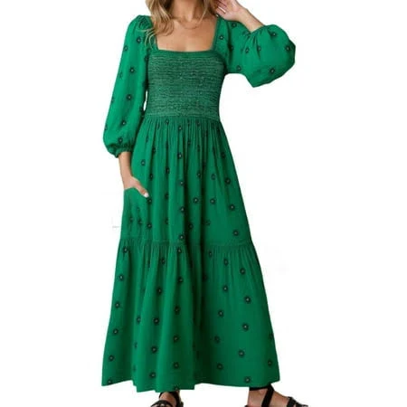 dress Xiaocha Women's Smocked Floral Pockets Tiered Maxi Dress Loose Floral Elbow Sleeve Square Neck Gown Soft Boho Casual Dresses, Size: Large, Green Walmart - TinyJoy $83.99