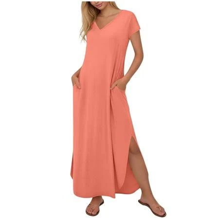 dress YeJammarp Flowy Maxi Dresses for Women Short Sleeve Split V Neck Loose Summer Casual T-Shirt Dress Orange, M, Women's, Size: Medium Walmart - YeJammarp Clothes Trends $19.91