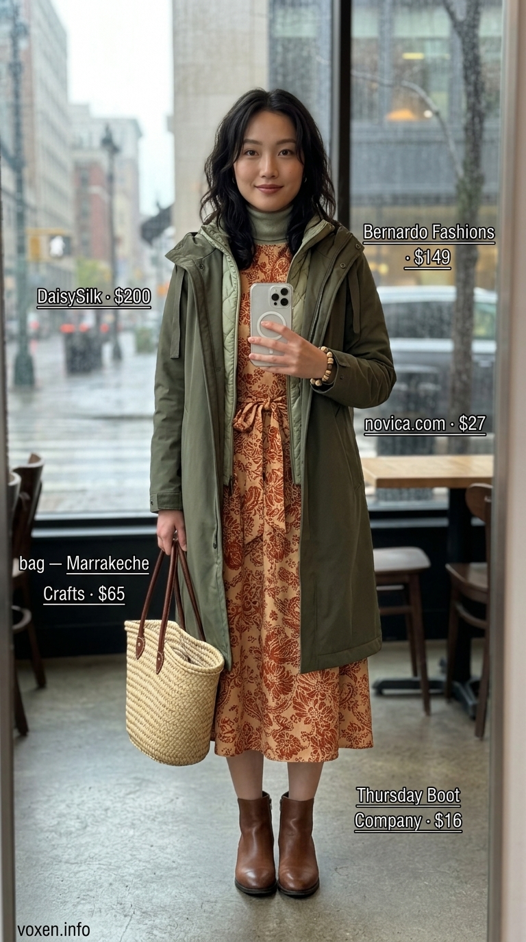 Rainy day summer outfits for women 2026: Terracotta paisley maxi dress with olive green water-resistant duster coat.