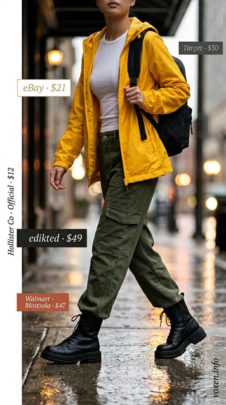 Rainy day summer outfits for women 2026: Olive cargo pants, bright yellow waterproof jacket, white tee, black combat boots & backpack.
