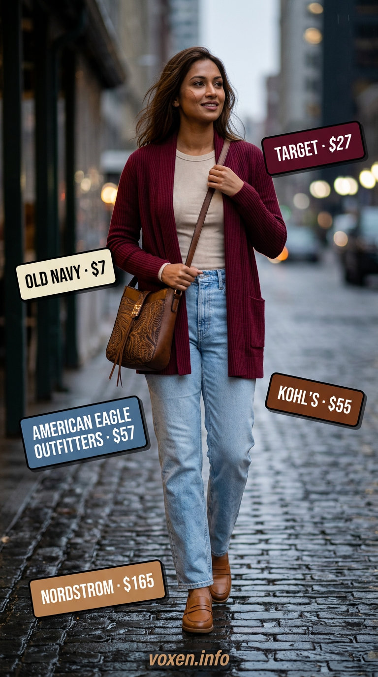 Rainy day summer outfits for women 2026: Denim jeans, burgundy cardigan, leather loafers for casual comfort and errands.