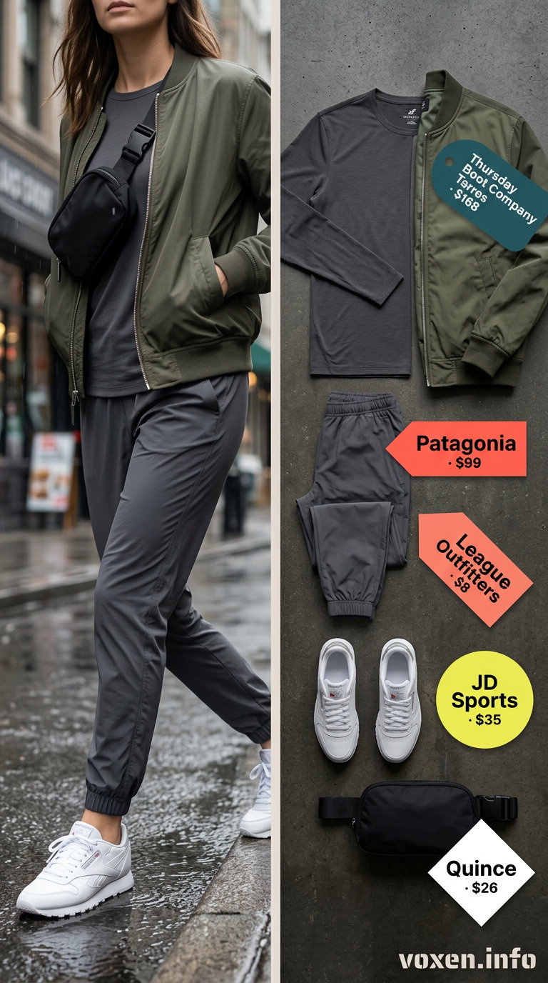 Rainy day summer outfits for women 2026: Charcoal joggers, olive tee, bomber jacket, white sneakers for a comfortable city commute.