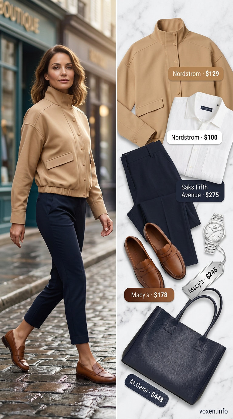 Rainy day summer outfits for women 2026: Navy wool blend trousers, white linen shirt, tan waterproof bomber jacket, leather loafers for office commute.
