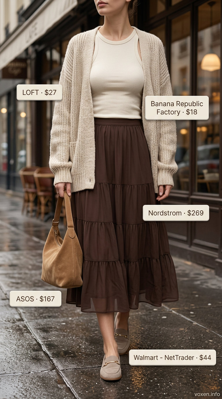 Rainy day summer outfits for women 2026: Cream cardigan, chocolate brown midi skirt, & suede loafers for cozy comfort.